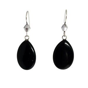 Black Onyx Teardrop Gemstone Silver Tone Dangle Earrings Handmade Boho Jewelry